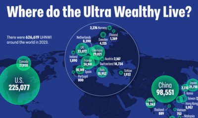 A cropped map of the world showing where the wealthiest people live in 2024.