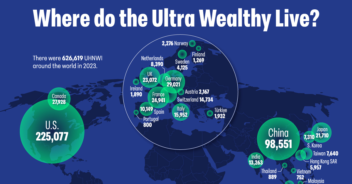 A cropped map of the world showing where the wealthiest people live in 2024.