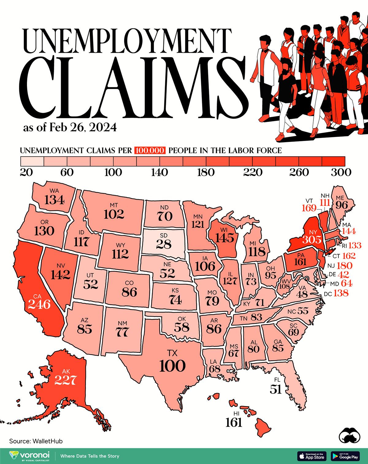 Map showing unemployment claims by state as of Feb 2024