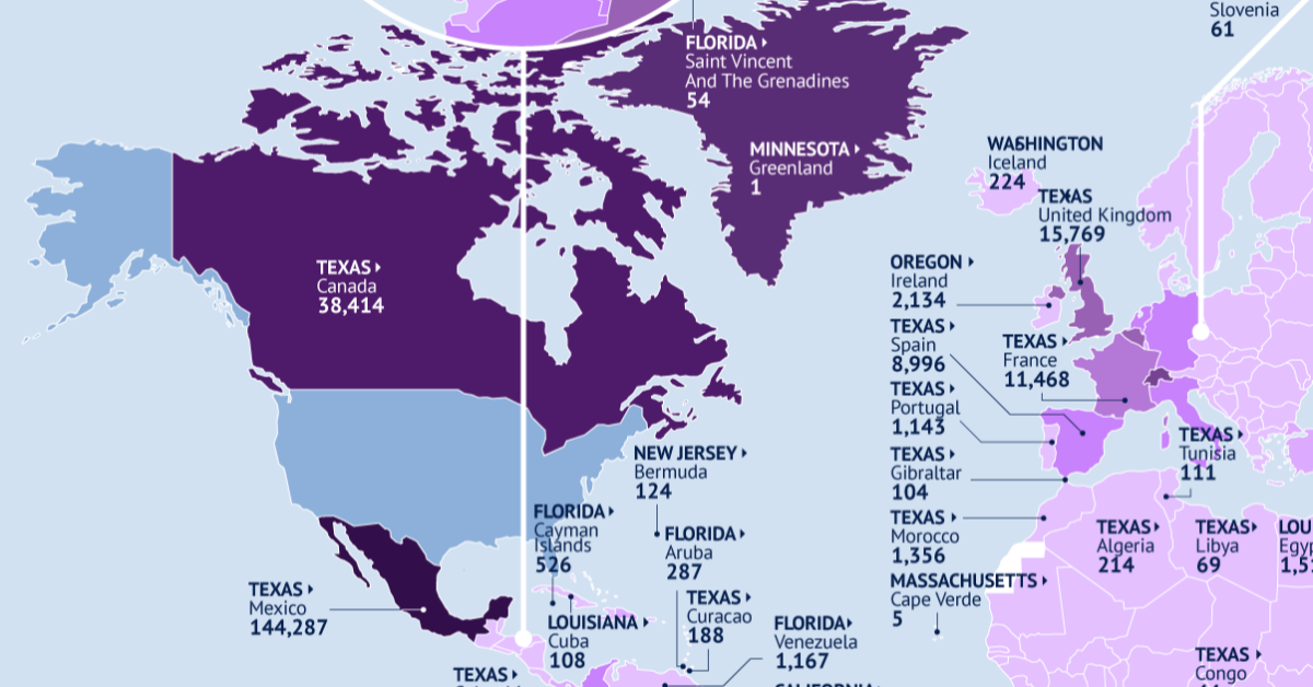 This map identifies the biggest export destinations for products from every U.S. state.