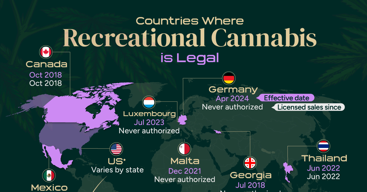 This map shows the countries where recreational cannabis use is allowed as of April 2024.