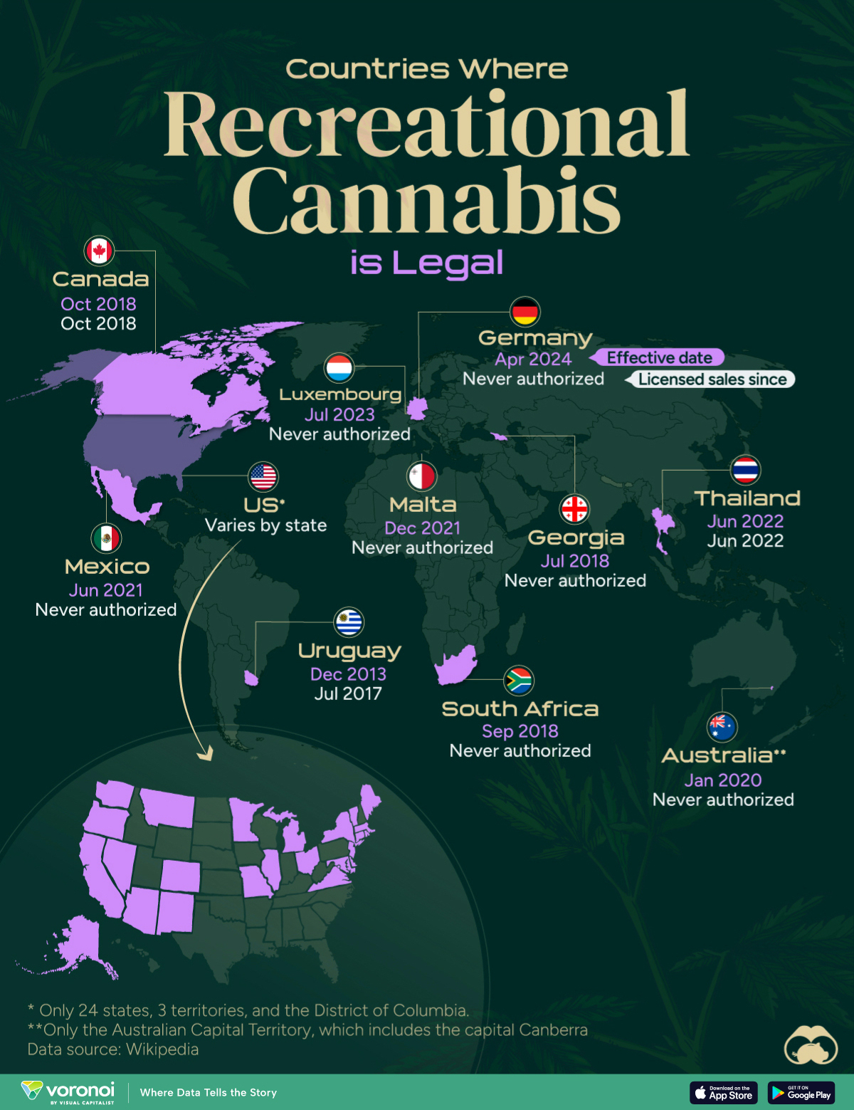 This map shows the countries where recreational cannabis use is allowed as of April 2024.