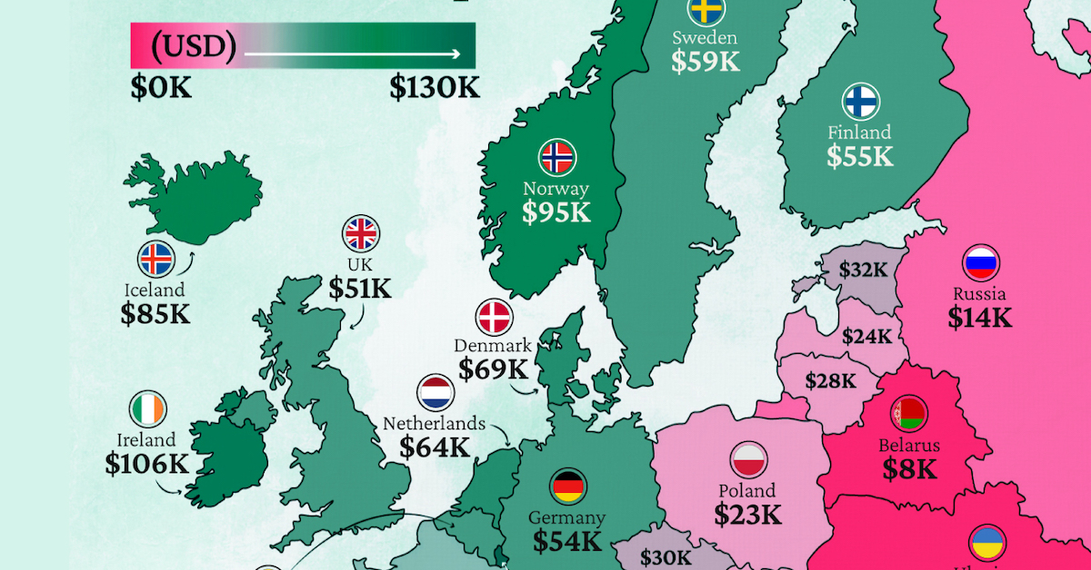 A cropped map of GDP per capita levels for 44 European countries.