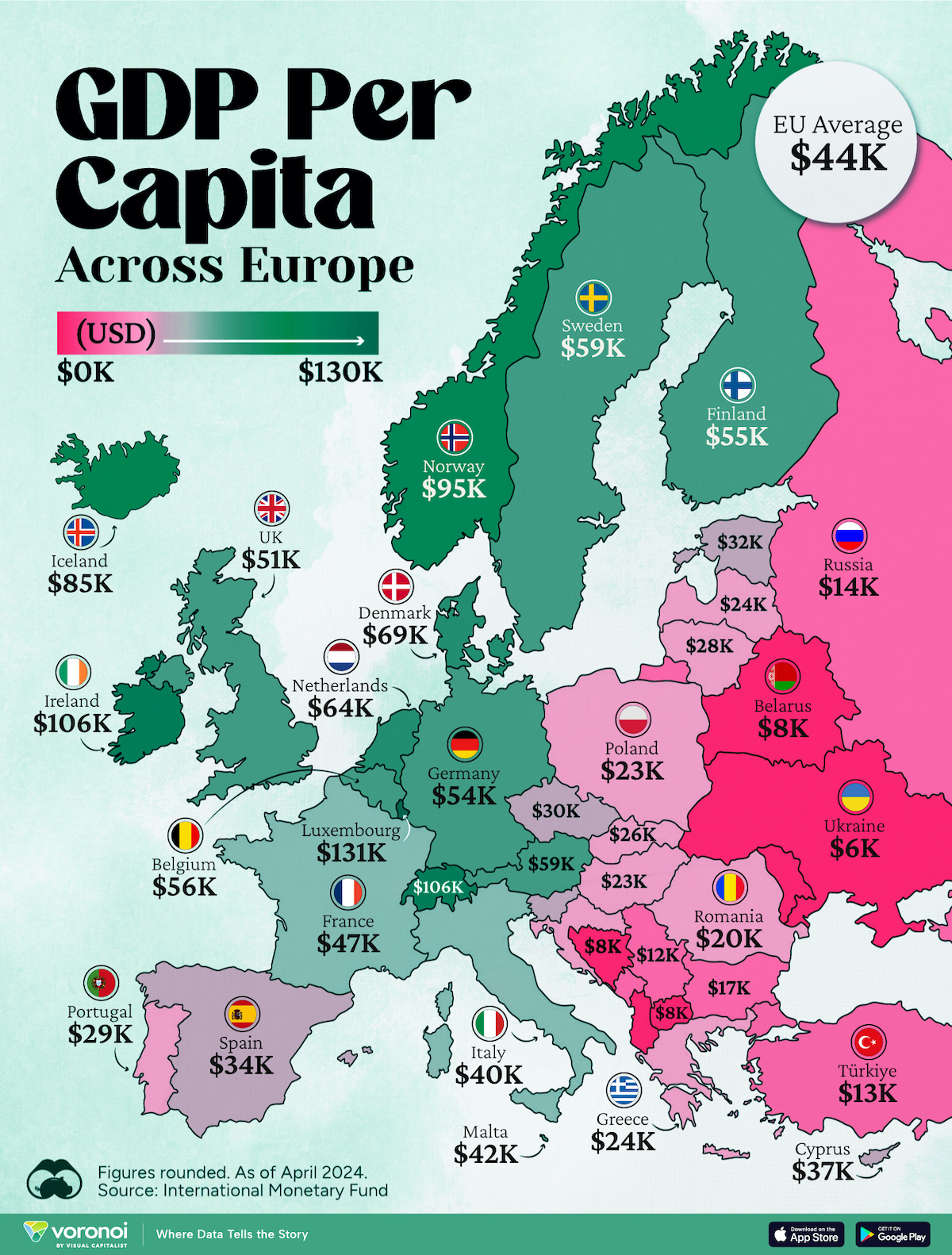 A map of GDP per capita levels for 44 European countries.