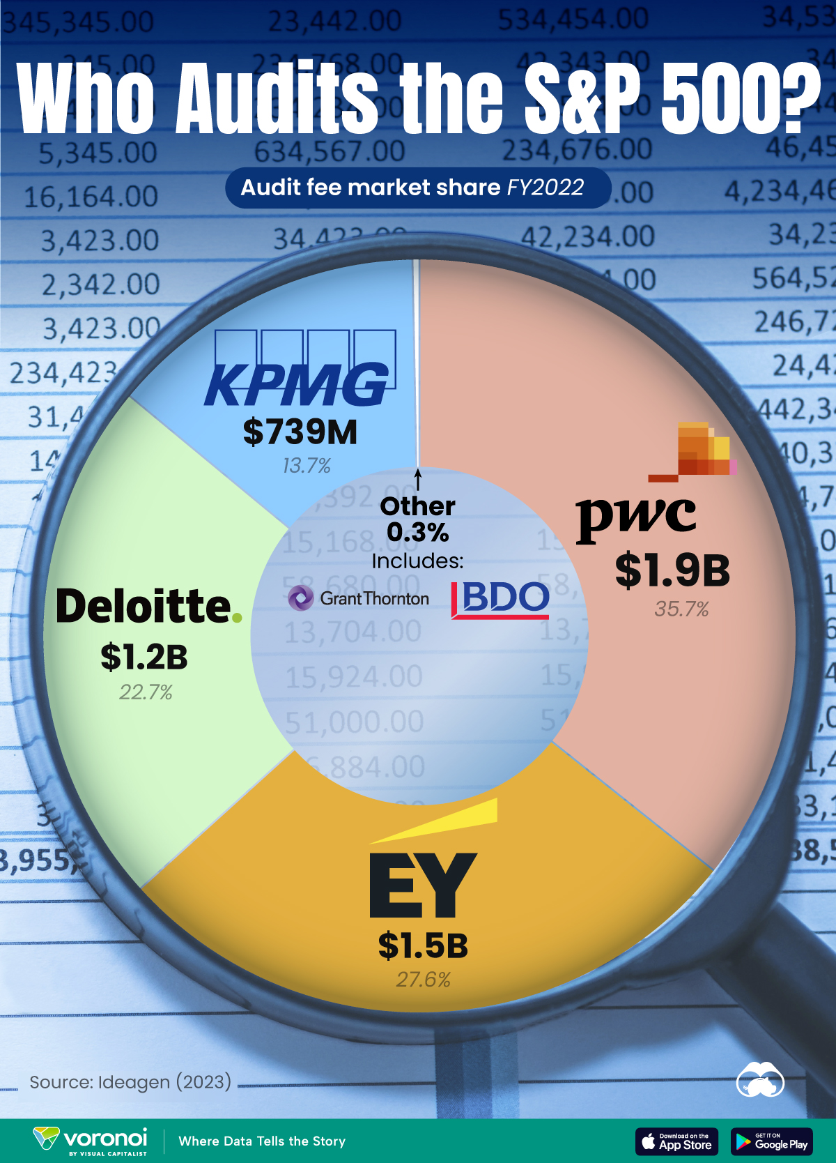 A pie chart, breaking down the audit fees market share of the firms that audit the S&P 500.
