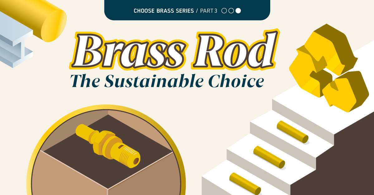 Teaser of bar chart and pie chart highlighting how brass rods can reduce emissions in machine shops, be recycled without losing properties, and contribute to a cleaner environment.