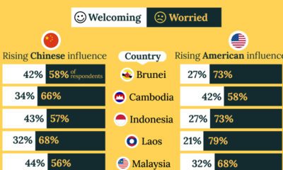 A cropped chart visualizing the results of a 2024 survey where respondents were asked if they were worried or welcoming of rising Chinese and American geopolitical influence in their country.