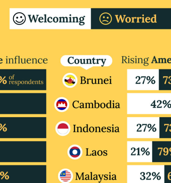 A cropped chart visualizing the results of a 2024 survey where respondents were asked if they were worried or welcoming of rising Chinese and American geopolitical influence in their country.