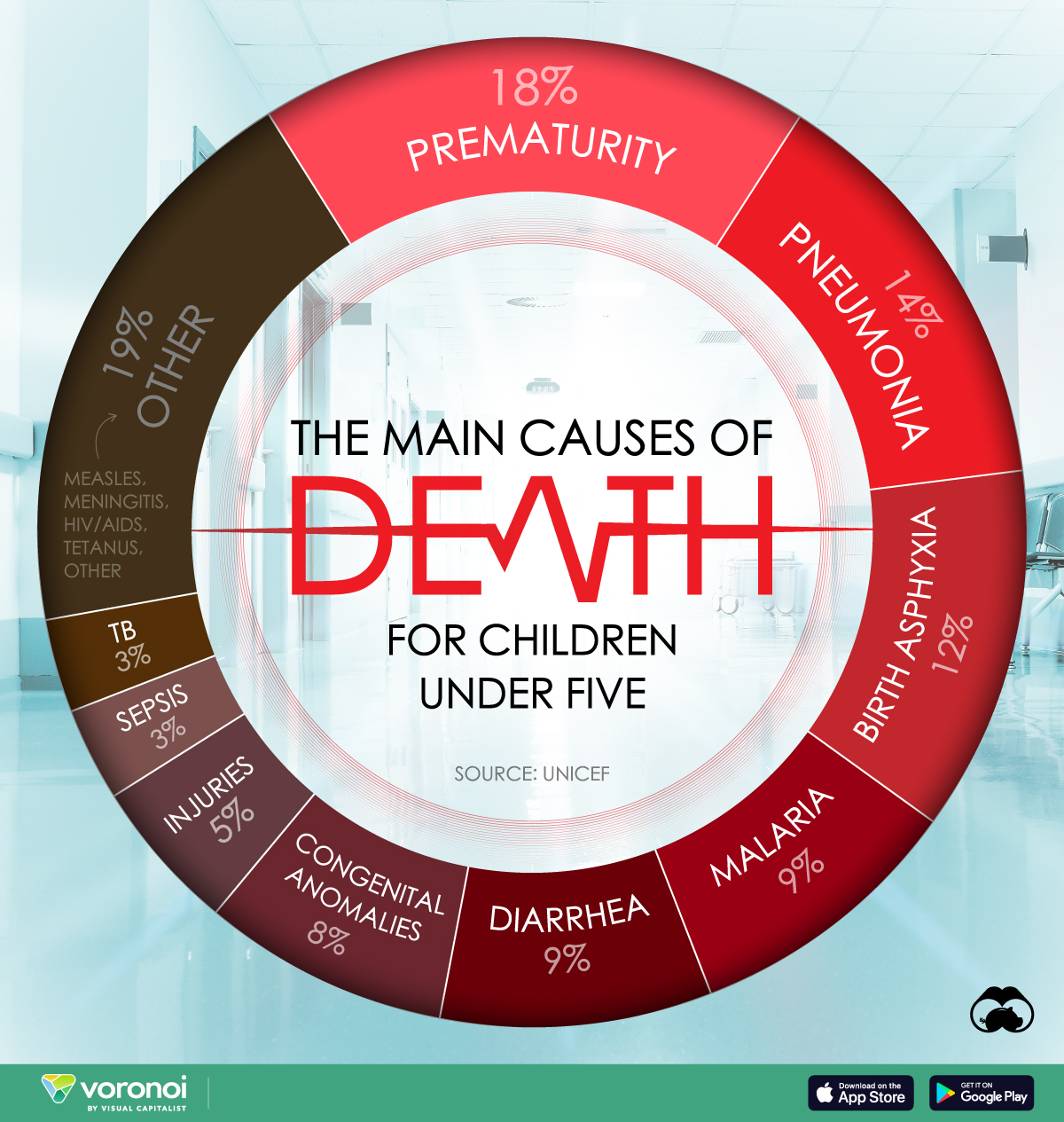 A donut chart with the leading causes of death in 2022 for children under the age of five.