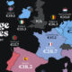 A cropped heatmap representing the average salaries (in Euros per hour), across Europe.