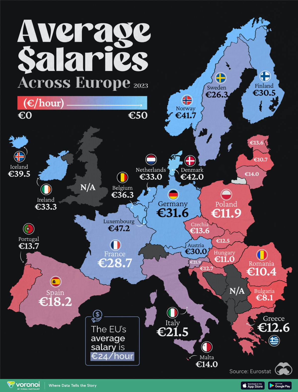 A heatmap representing the average salaries (in Euros per hour), across Europe.