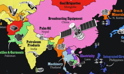 Map displaying the top exports (as of 2022) of Asian countries, excluding Middle Eastern nations.