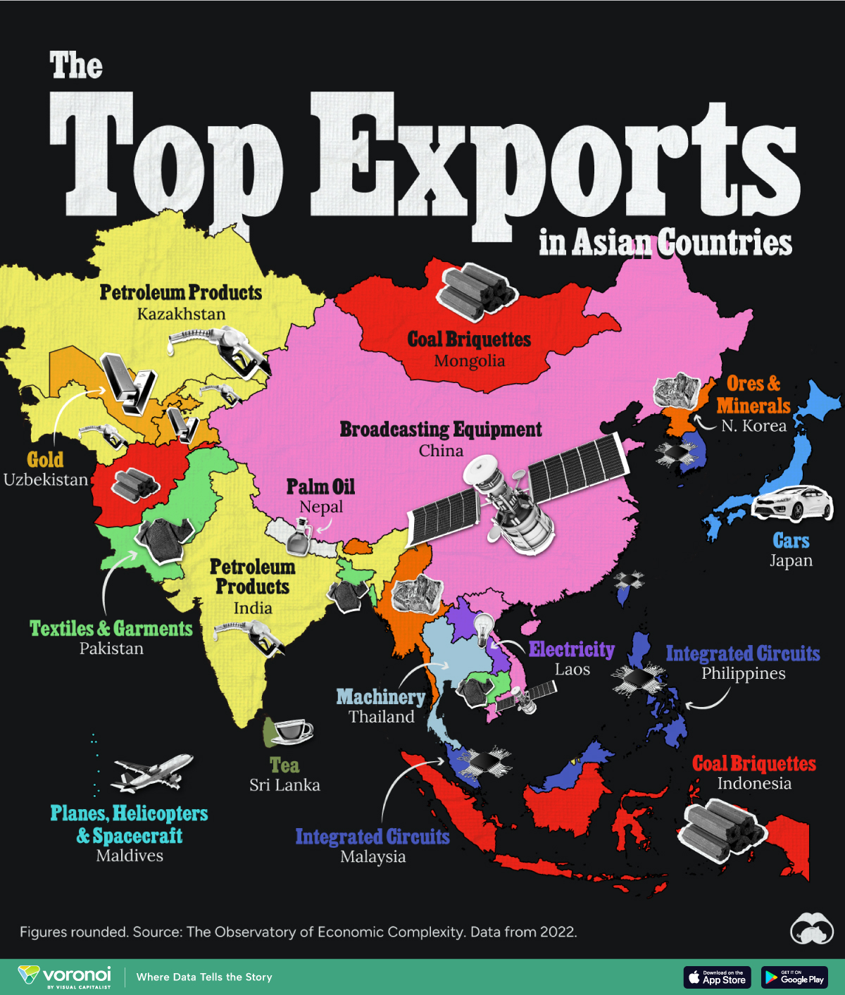 Map displaying the top exports (as of 2022) of Asian countries, excluding Middle Eastern nations.