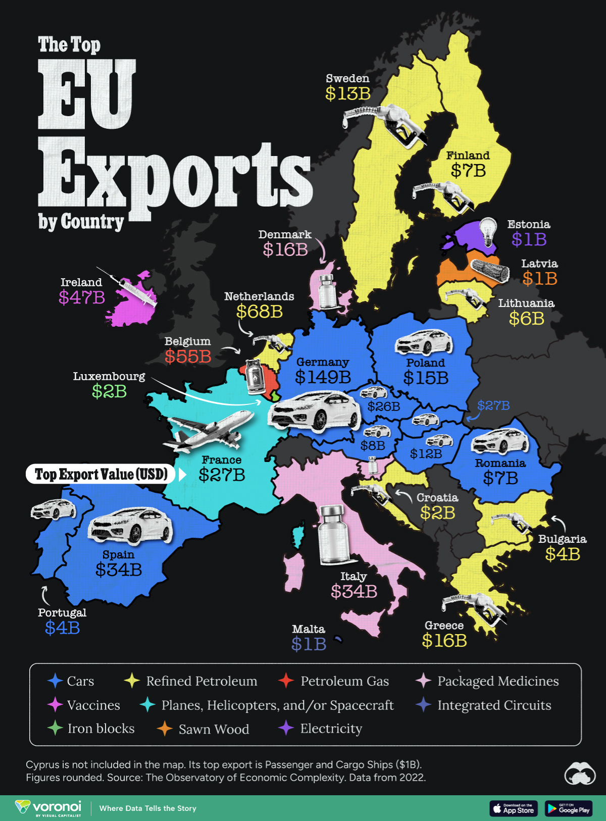 Map displaying European Union countries' top exports (as of 2022).