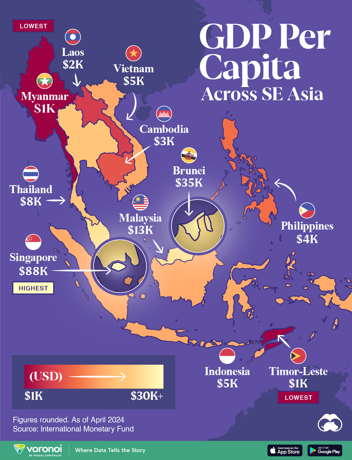 A map of GDP per capita levels for 11 Southeast Asian countries.