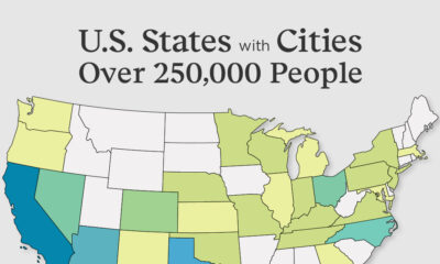 A cropped map showing the number of cities with 250,000+ residents in each U.S. state.