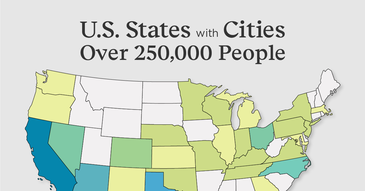 A cropped map showing the number of cities with 250,000+ residents in each U.S. state.