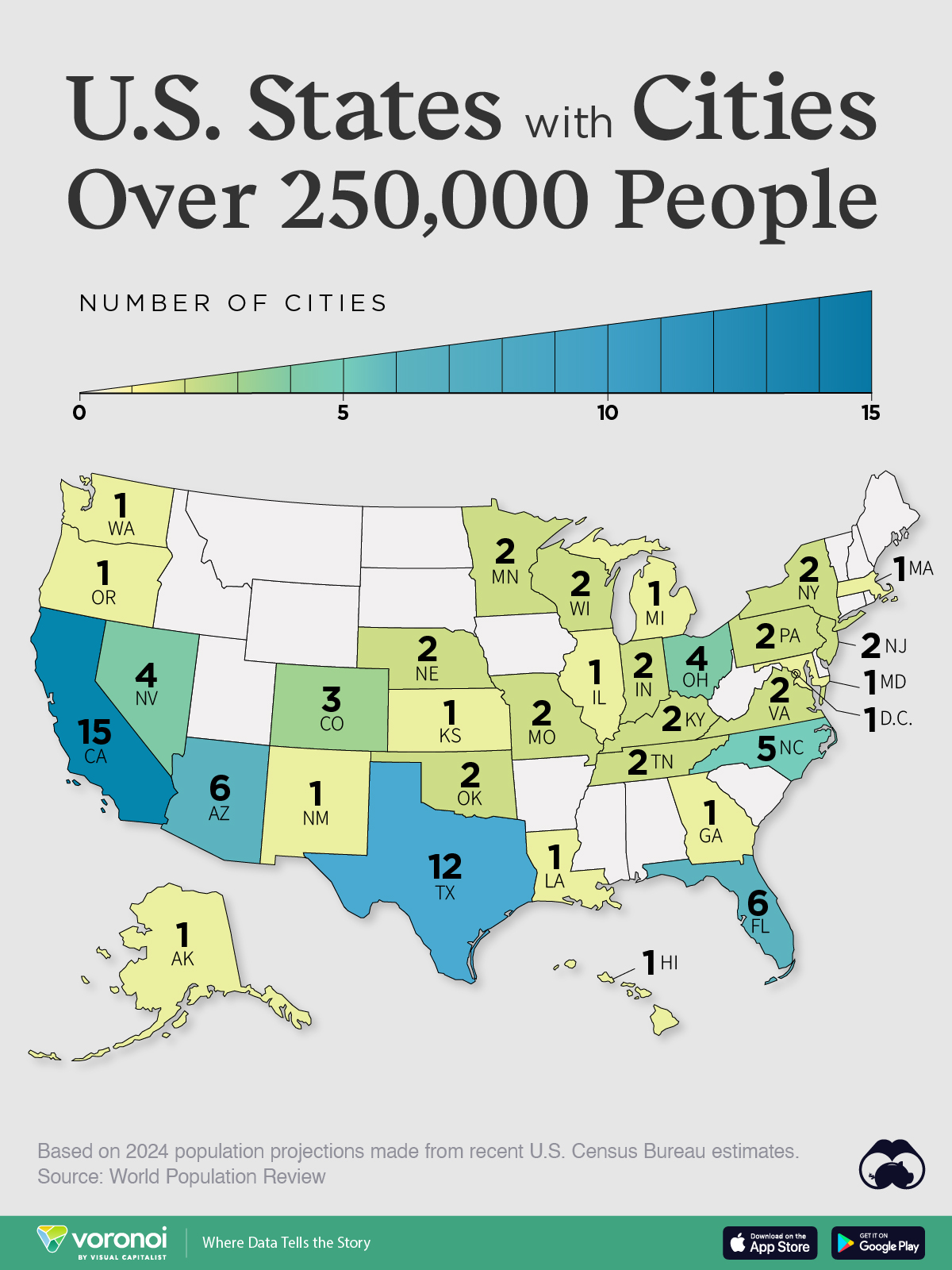 A map showing the number of cities with 250,000+ residents in each U.S. state.