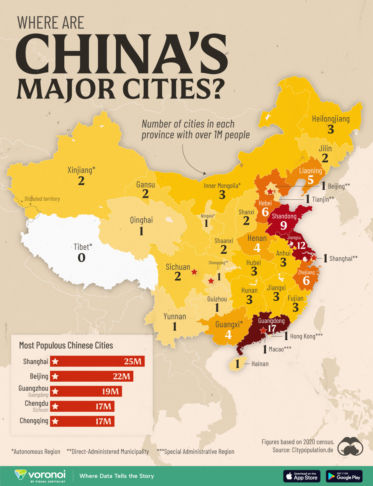 A map of all the Chinese provinces with cities over 1 million people.