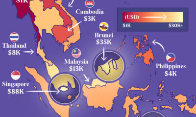 A cropped map of GDP per capita levels for 11 Southeast Asian countries.