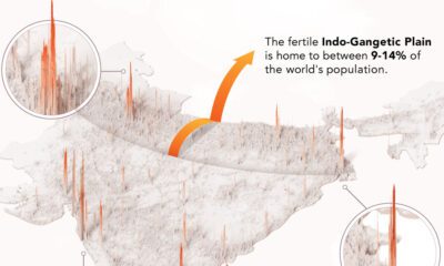 This cropped 3D map visualizes India's population density, based on data from various sources.