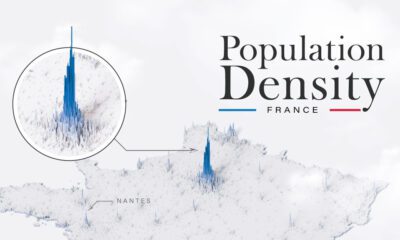 This 3D map shows the population density of France.