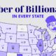 This cropped map has the number of U.S. billionaires per state as of 2023.