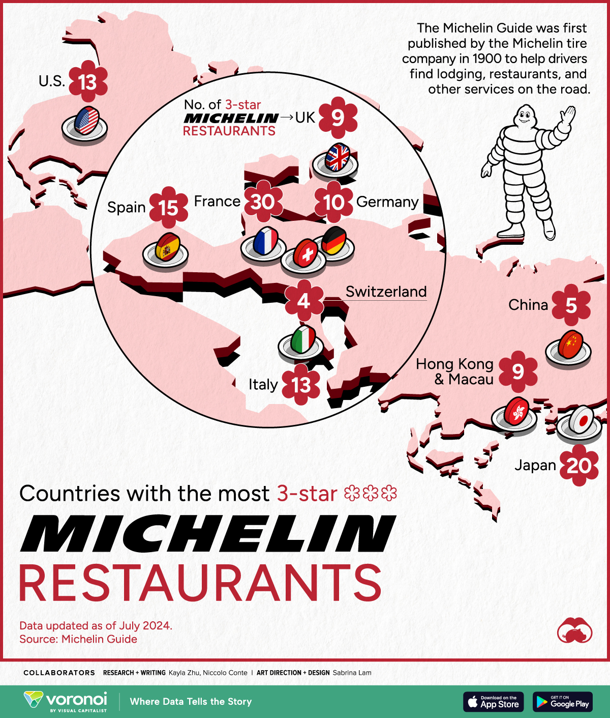 A map showing the countries with the most 3-star Michelin restaurants