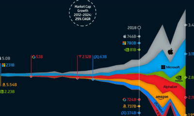 Part of a stream graph showing the market capitalization of big tech companies known as the magnificent seven from 2000 to 2024.