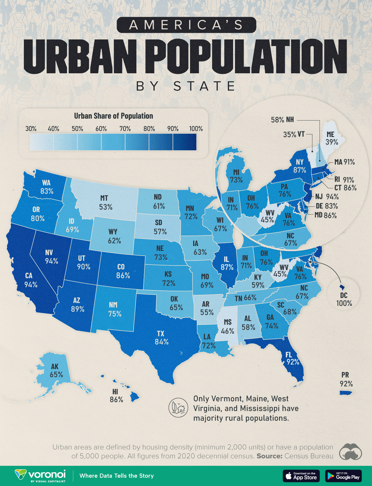 This graphic maps the share of urban population by state per latest estimates from the Census Bureau.