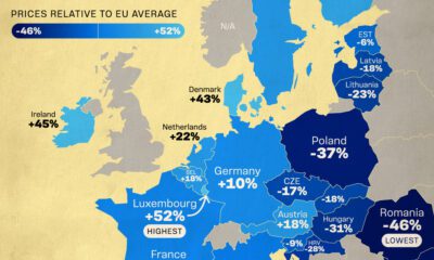 A zoom in on part of a map of EU countries colored according to their prices relative to the EU average.