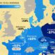 A zoom in on part of a map of EU countries colored according to their prices relative to the EU average.