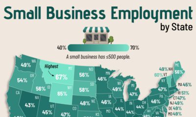 This cropped map shows the share of employees in each state who work for a small business.