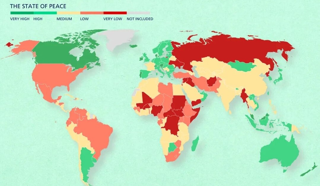 Preview of a map showing peacefulness by country in 2024, using data from the Institute for Economics and Peace