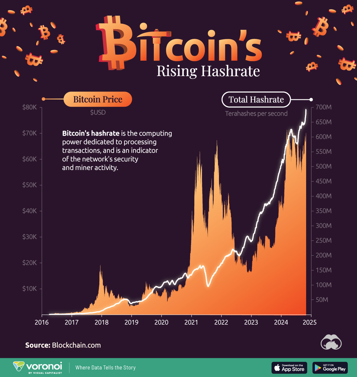 This line chart shows the bitcoin hashrate since 2016.