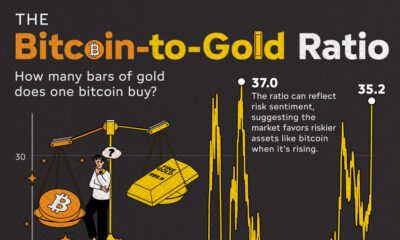 This line chart shows the price of bitcoin vs gold over time.
