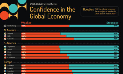 Bar chart showing global economic sentiment for 2025 by country based on an Ipsos survey.