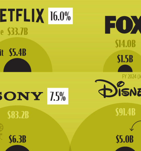 This chart compares the net profit margins of six big media companies along with their annual revenue.