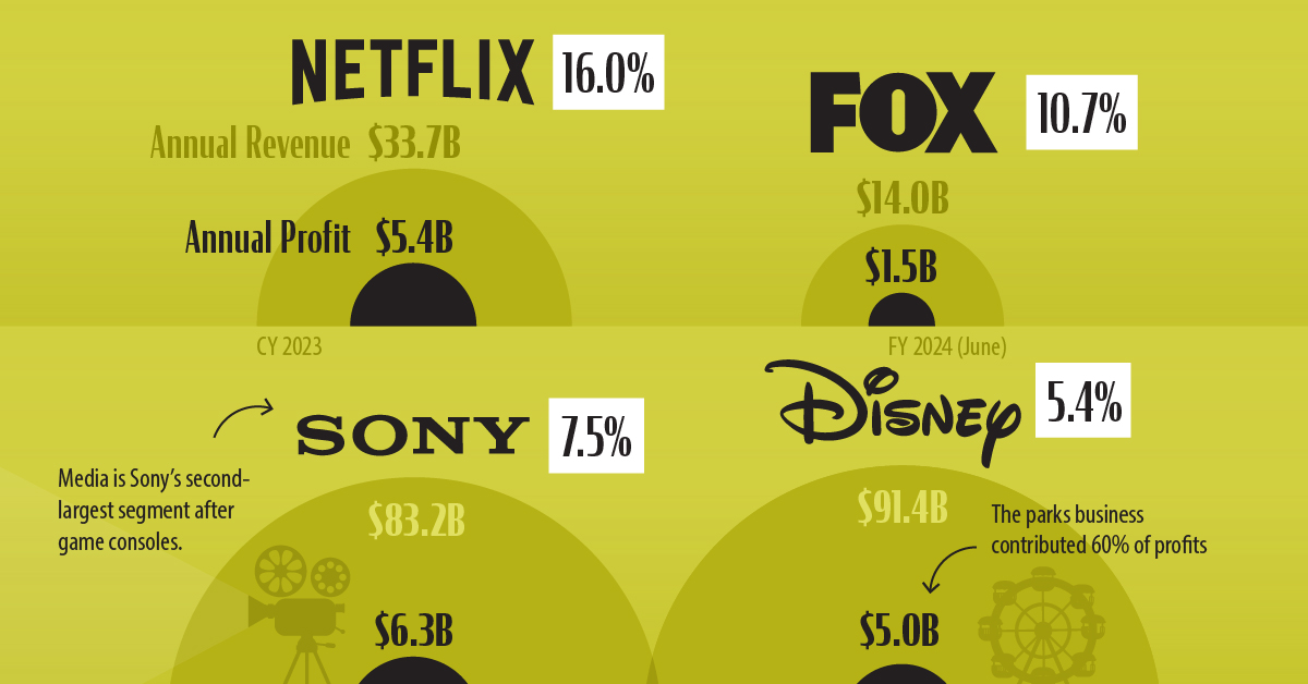 This chart compares the net profit margins of six big media companies along with their annual revenue.