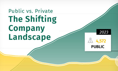 Part of an area chart showing that the number of public companies has declined while the number of privately-held companies has risen.