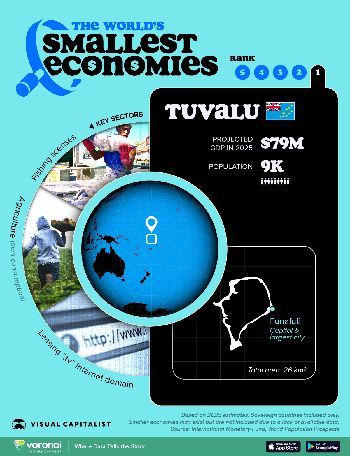 This map plots the five smallest economies in the world by their estimated GDP in 2025.