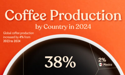 This infographic highlights the 10 largest coffee-producing countries and their share of global coffee production in 2024.