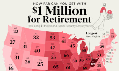 This map illustrates how long $1 million for retirement, combined with Social Security benefits, would last in each U.S. state.