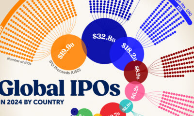 该信息图直观展示了 2024 年按国家/地区划分的全球 IPO 数量和收益