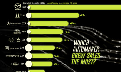 This infographic ranks automakers by sales growth in the U.S. in 2024 and shows the number of new vehicles sold by each company.