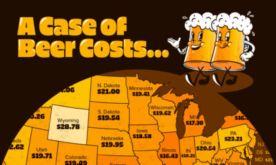 This cropped map highlights beer costs by state, or the average price of a 24-pack of Bud Light or Miller Lite.