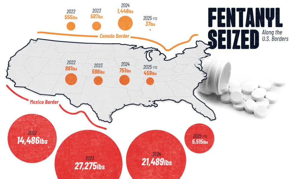 This infographic highlights fentanyl seizures at the U.S. borders with Canada and Mexico, along with other ports of entry.