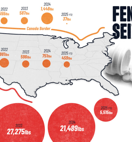 This infographic highlights fentanyl seizures at the U.S. borders with Canada and Mexico, along with other ports of entry.