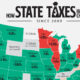 This cropped graphic looks at how state income taxes have changed by measuring the difference in the top marginal rate between 2000 and 2025.