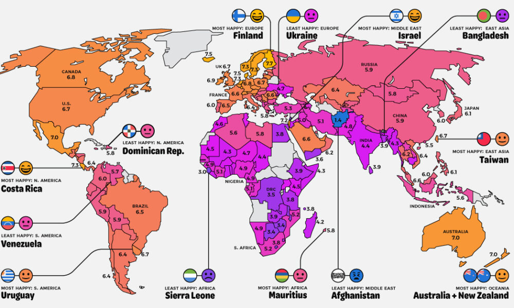Mapped: Global Happiness by Country in 2025